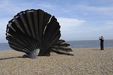 The Scallop sculpture by Maggie Hambling on the beach at Aldeburgh, Suffolk, England, United Kingdom, Europe