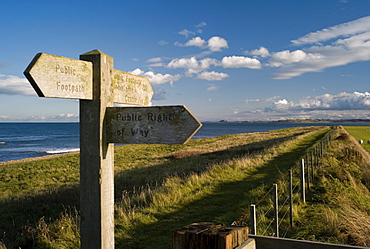 Public footpath sign on Lindisfarne (Holy Island), Northumberland, England, United Kingdom, Europe