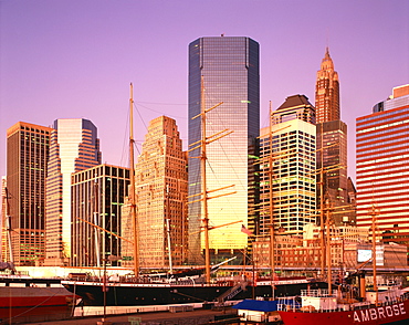 Ships and skyscrapers of South Street Seaport, Manhattan, New York City, United States of America, North America