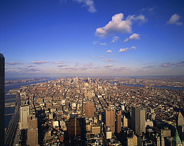 Aerial view over Manhattan skyline, looking uptown from the World Trade Centre, pre 11 September 2001, New York City, United States of America, North America