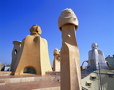 Roof and chimneys of the Casa Mila, a Gaudi house, UNESCO World Heritage Site, in Barcelona, Cataluna, Spain, Europe