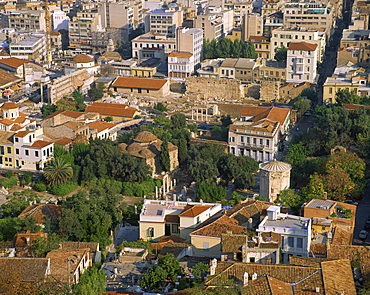 Aerial view of the Tower of Winds and Roman Forum Ruins, taken from the Acropolis, Athens, Greece, Europe