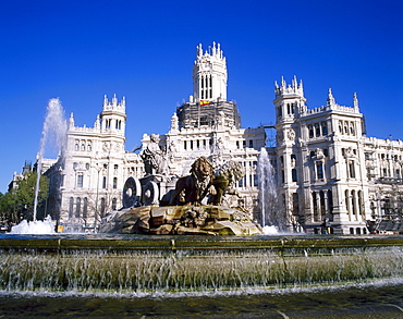 Fountain in front of the Palacio de Comunicaciones, the Central Post Office, in Madrid, Spain 