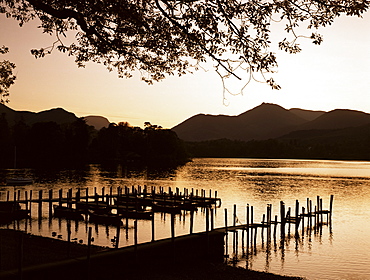 Sunset on the lakeside, Keswick, Lake District, Cumbria, England, United Kingdom, Europe