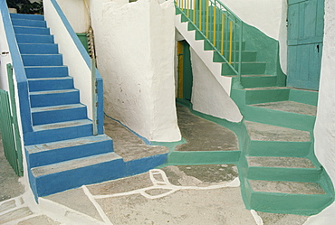 Detail of painted blue and green steps on Ios, Cyclades Islands, Greek Islands, Greece, Europe