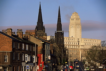 View up Woodhouse Lane to clock tower of the Parkinson Building, Leeds, Yorkshire, England, United Kingdom, Europe