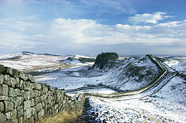 Hadrian's Wall, UNESCO World Heritage Site, in snowy landscape, Northumberland, England, United Kingdom, Europe