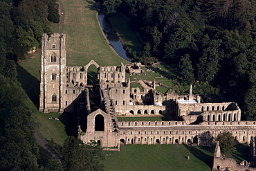 Aerial view of Fountains Abbey, UNESCO World Heritage Site, Yorkshire, England, United Kingdom, Europe