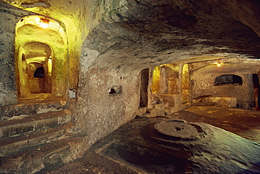 Interior of Christian tombs in St. Pauls catacombs on Malta, Europe