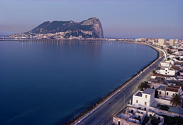 View of Gibraltar, British colony 1704 harbour on Algeciras Bay, La Linea, Spain, in foreground, Mediterranean, Europe