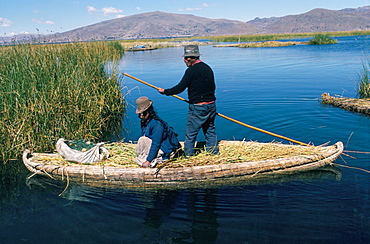 Boat of tortora reeds, floating islands of the Urus (Uros), Lake Titicaca, Peru, South America