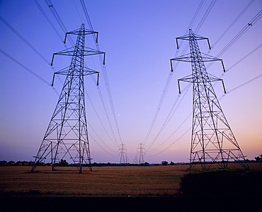 Pylons in a rural landscape at dusk