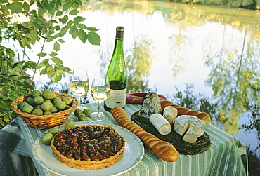 Food and wine on a table beside the river Loire, France, Europe