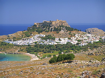 The town and acropolis of Lindos Town, Rhodes, Dodecanese Islands, Greek Islands, Greece, Europe