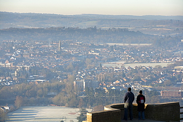 Two people looking at winter view of Dorking from Box Hill viewpoint, Surrey Hills, Surrey, England, United Kingdom, Europe