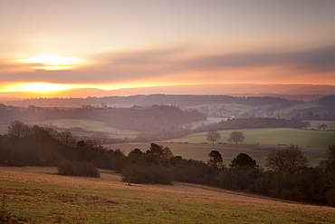 Newlands Corner view at dawn, near Guilford, Surrey Hills, North Downs, Surrey, England, United Kingdom, Europe