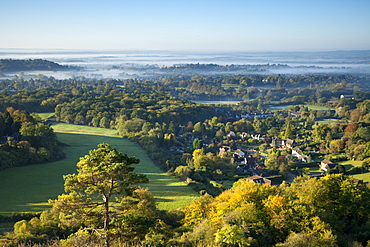 View south from Colley Hill on a misty autumn morning, Reigate, Surrey Hills, Surrey, England, United Kingdom, Europe