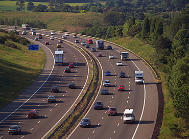 Vans, cars and lorries on the M25 motorway in England, United Kingdom, Europe