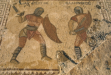 Detail of mosaic showing fighting warriors with swords and shields, Kourion, Cyprus, Europe