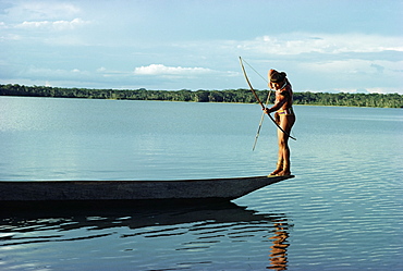 Indian fishing with bow and arrow, Xingu, Amazon region, Brazil, South America