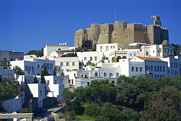 Hora and St. John Monastery, Patmos, Dodecanese, Greek Islands, Greece, Europe