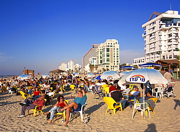 Cafe terrace on the beach, Tel Aviv, Israel, Middle East