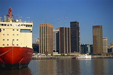 Large ship in harbour and dockside skyscrapers, Buenos Aires, Argentina, South America