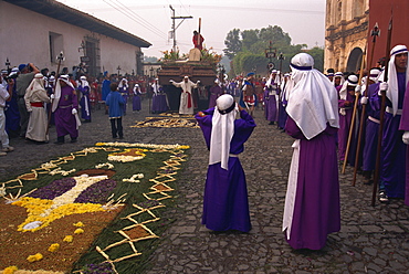 Christ's Calvary in Good Friday procession over street carpet, Antigua, Western Highlands, Guatemala, Central America