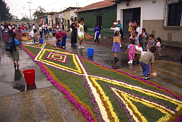 People making street carpet for Good Friday processions, Antigua, Guatemala, Central America