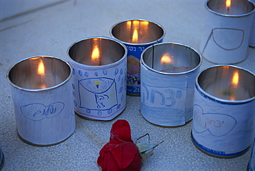 Memorial candles and children's drawings at the tomb of Yitzak Rabin in Jerusalem, Israel, Middle East