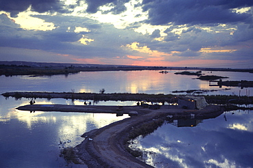 Cafe on a jetty at Raqqa at sunset, Euphrates Valley, Syria, Middle East