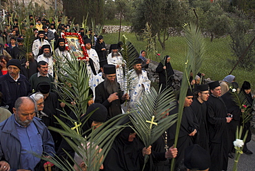 Orthodox Easter Palm procession from Betphage to the Old City on the Mount of Olives, Jerusalem, Israel, Middle East