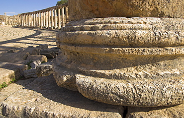 Base of column in foreground and Forum, Jerash, Jordan, Middle East