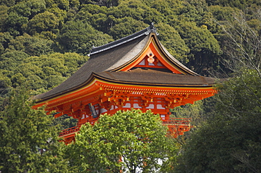 View of main entrance torii to the Kiyomizudera temple surrounded by trees, UNESCO World Heritage Site, Kyoto, Kansai, Honshu, Japan, Asia