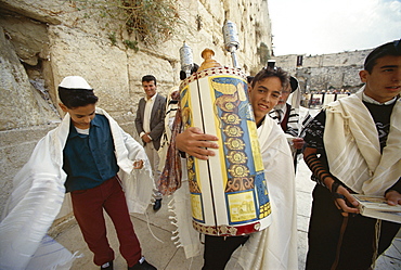 Jewish Bar Mitzvah ceremony at the Western Wall (Wailing Wall), Jerusalem, Israel, Middle East