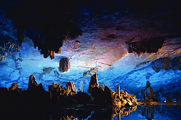 Guilin Cave, floodlit stalactites and stalagmites, China, Asia