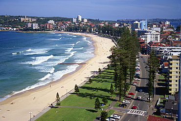 Aerial of the beach and road at Manly, Sydney, New South Wales, Australia, Pacific