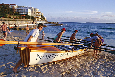 Traditional row boat training for lifesaving, Bondi Beach, New South Wales (N.S.W.), Australia, Pacific