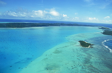 Aerial of atoll and reefs, Aitutaki, Cook Islands, Pacific Islands, Pacific