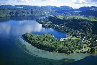 Aerial view of local lakes surrounded by forests and giant ferns, Rotorua, South Auckland, North Island, New Zealand, Pacific