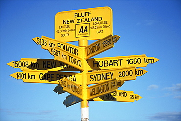 Signposts to cities around the world at most southerly point in the country, Bluff, Southland, South Island, New Zealand, Pacific