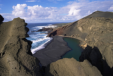 Green pool, lava mountains, El Golfo, Lanzarote, Canary Islands, Spain, Atlantic, Europe