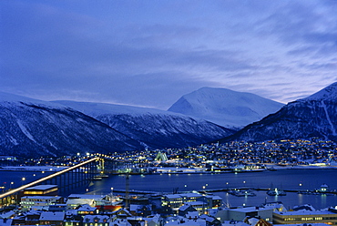 Tromso and its bridge to the mainland at dusk, Arctic Norway, Scandinavia, Europe