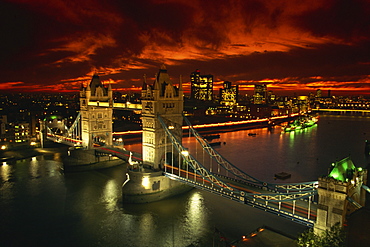 Aerial view over Tower Bridge, London, England, United Kingdom, Europe