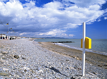 Bray beach and lifebuoy, Bray, Co. Dublin, Eire (Republic of Ireland), Europe