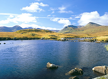 Loch Ba and the Black Mountains in autumn, an acidic low nutrient river formed in a catchment area of peat moorland, Rannoch Moor, Highland region, Scotland, United Kingdom, Europe