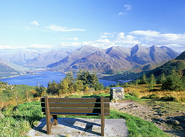 Bealach Ratagain viewpoint looking towards the Five Sisters of Kintail and Loch Duich in Glen Sheil, from the Pass, Ratagain Pass, Highland region, Scotland, United Kingdom, Europe