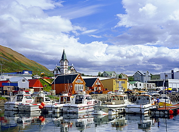 The harbour and quay of Husavik, a fishing town also popular for leisure and tourism including whale-watching, Husavik, Iceland