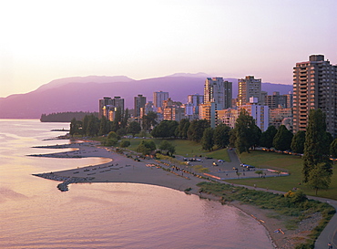 Evening light on Sunset Beach Park in English Bay, from Burrard Bridge, Vancouver, British Columbia, Canada, North America