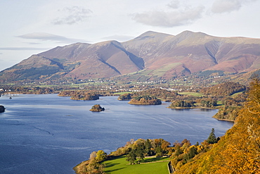 View across Derwent Water to Keswick and Skiddaw from Watendlath road in autumn, Borrowdale, Lake District National Park, Cumbria, England, United Kingdom, Europe